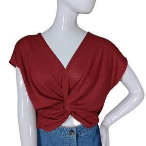 MNG Casual Knit Top Knot on Front Size XS Burgundy Slit Sleeve